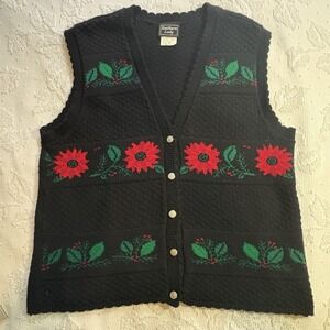 Southern Lady Med Christmas Sweater Vest Grandma Cottage Core‎ Poinsettia Holly
